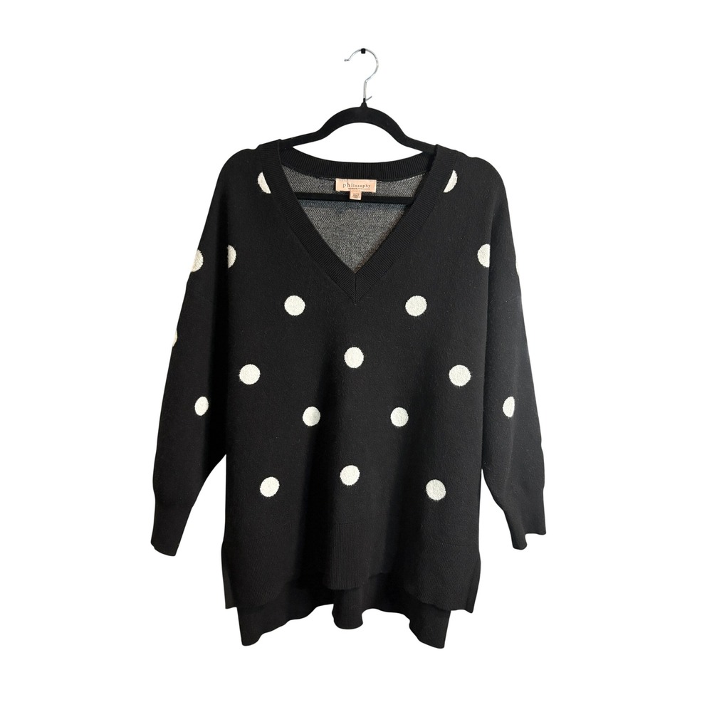 Philosophy Woman Polka Dot V-Neck Sweater Black White 1X Tunic High Low Hem